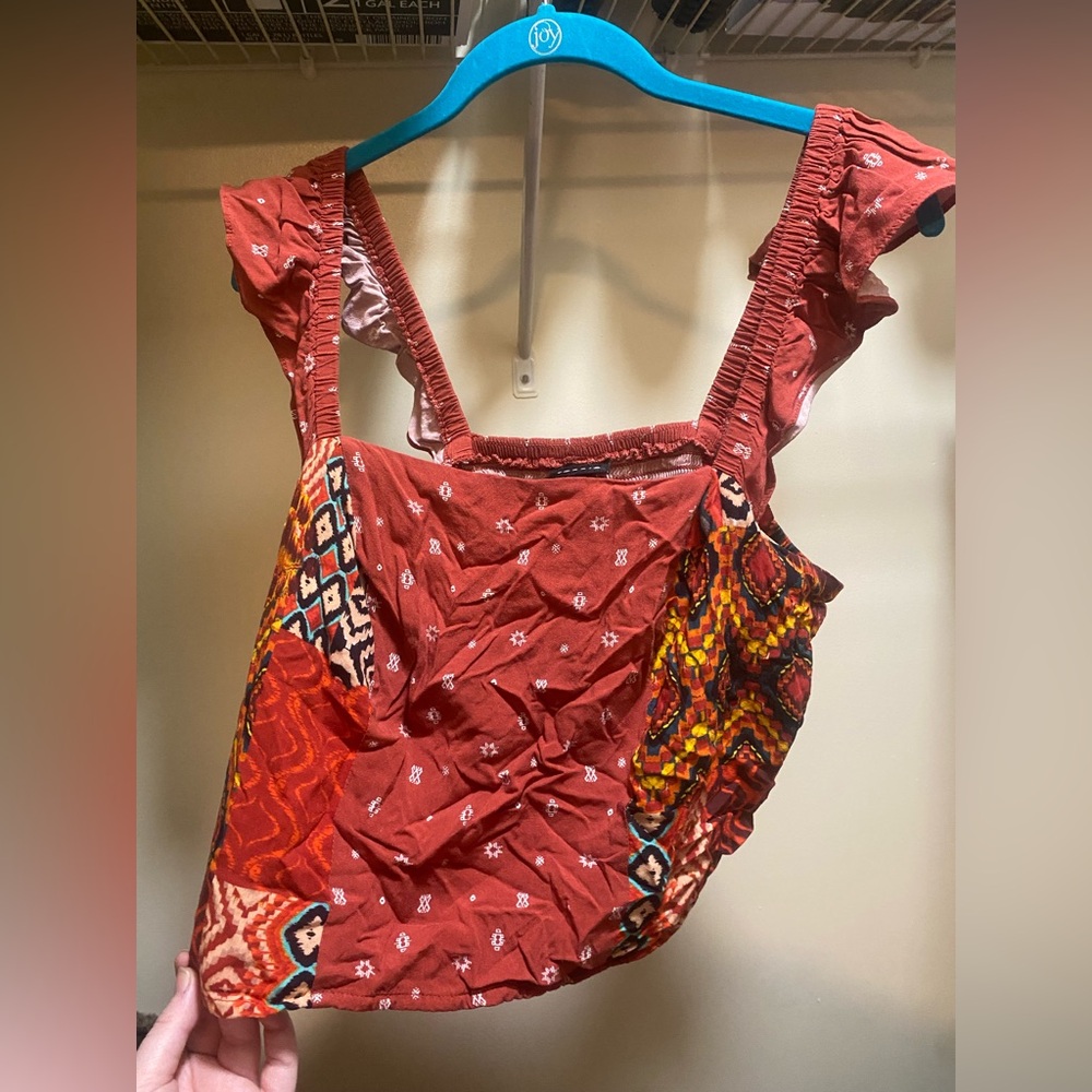 Torrid Size 0 Rust Orange Boho Patchwork Smocked Crop Top with Ruffle Straps